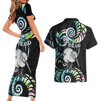New Zealand Kiwi Bird Couples Matching Short Sleeve Bodycon Dress and Hawaiian Shirt Silver Fern Koru Paua Shell DT04 - Polynesian Pride