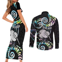 New Zealand Kiwi Bird Couples Matching Short Sleeve Bodycon Dress and Long Sleeve Button Shirt Silver Fern Koru Paua Shell DT04 - Polynesian Pride