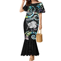 New Zealand Kiwi Bird Family Matching Mermaid Dress and Hawaiian Shirt Silver Fern Koru Paua Shell DT04 Mom's Dress Black - Polynesian Pride