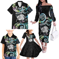 New Zealand Kiwi Bird Family Matching Off The Shoulder Long Sleeve Dress and Hawaiian Shirt Silver Fern Koru Paua Shell DT04 - Polynesian Pride