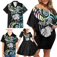 New Zealand Kiwi Bird Family Matching Off Shoulder Short Dress and Hawaiian Shirt Silver Fern Koru Paua Shell DT04 - Polynesian Pride