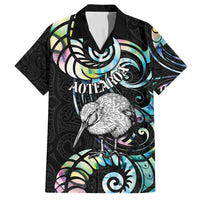 New Zealand Kiwi Bird Family Matching Puletasi and Hawaiian Shirt Silver Fern Koru Paua Shell DT04 Dad's Shirt - Short Sleeve Black - Polynesian Pride