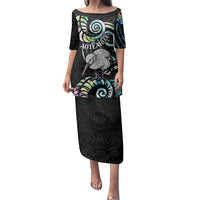 New Zealand Kiwi Bird Family Matching Puletasi and Hawaiian Shirt Silver Fern Koru Paua Shell DT04 Mom's Dress Black - Polynesian Pride