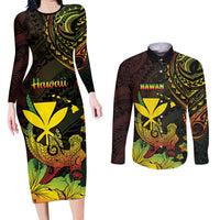 Personalised Hawaii Couples Matching Long Sleeve Bodycon Dress and Long Sleeve Button Shirt Kanaka Maoli With Hammerhead Shark DT04 Black - Polynesian Pride