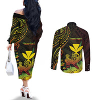 Personalised Hawaii Couples Matching Off The Shoulder Long Sleeve Dress and Long Sleeve Button Shirt Kanaka Maoli With Hammerhead Shark