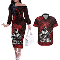 Hawaii Ikaika Warrior Couples Matching Off The Shoulder Long Sleeve Dress and Hawaiian Shirt Hawaiian Tribal Tattoo DT04 Red - Polynesian Pride