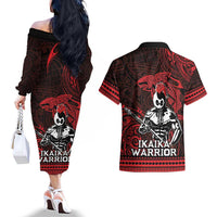 Hawaii Ikaika Warrior Couples Matching Off The Shoulder Long Sleeve Dress and Hawaiian Shirt Hawaiian Tribal Tattoo DT04 - Polynesian Pride