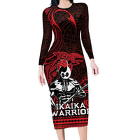 Hawaii Ikaika Warrior Family Matching Long Sleeve Bodycon Dress and Hawaiian Shirt Hawaiian Tribal Tattoo DT04 Mom's Dress Red - Polynesian Pride
