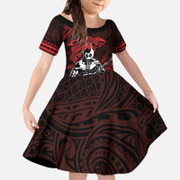 Hawaii Ikaika Warrior Family Matching Off The Shoulder Long Sleeve Dress and Hawaiian Shirt Hawaiian Tribal Tattoo DT04 Daughter's Dress Red - Polynesian Pride