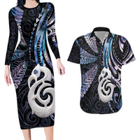 New Zealand Aotearoa Couples Matching Long Sleeve Bodycon Dress and Hawaiian Shirt Maori Hei Manaia Purple Paua Shell DT04 Purple - Polynesian Pride