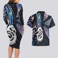 New Zealand Aotearoa Couples Matching Long Sleeve Bodycon Dress and Hawaiian Shirt Maori Hei Manaia Purple Paua Shell DT04 - Polynesian Pride