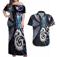 New Zealand Aotearoa Couples Matching Off Shoulder Maxi Dress and Hawaiian Shirt Maori Hei Manaia Purple Paua Shell DT04 Purple - Polynesian Pride