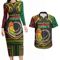 Vanuatu Language Week Couples Matching Long Sleeve Bodycon Dress and Hawaiian Shirt Boar Tusk Warrior Tribal Floral Pattern