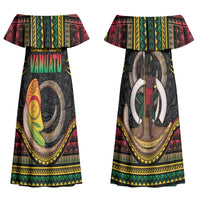 Vanuatu Language Week Couples Matching Off Shoulder Maxi Dress and Long Sleeve Button Shirt Boar Tusk Warrior Tribal Floral Pattern