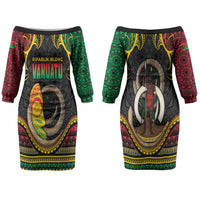 Vanuatu Language Week Family Matching Off The Shoulder Long Sleeve Dress and Hawaiian Shirt Boar Tusk Warrior Tribal Floral Pattern DT05 Mom's Dress Black - Polynesian Pride