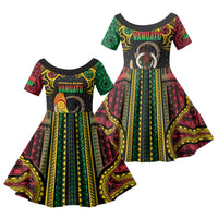 Vanuatu Language Week Family Matching Off The Shoulder Long Sleeve Dress and Hawaiian Shirt Boar Tusk Warrior Tribal Floral Pattern DT05 Daughter's Dress Black - Polynesian Pride