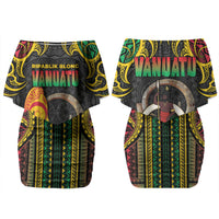 Vanuatu Language Week Family Matching Off Shoulder Short Dress and Hawaiian Shirt Boar Tusk Warrior Tribal Floral Pattern DT05 Mom's Dress Black - Polynesian Pride