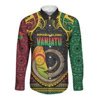 Vanuatu Language Week Long Sleeve Button Shirt Boar Tusk Warrior Tribal Floral Pattern DT05 Unisex Black - Polynesian Pride