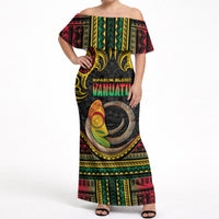 Vanuatu Language Week Off Shoulder Maxi Dress Boar Tusk Warrior Tribal Floral Pattern DT05 Women Black - Polynesian Pride