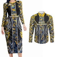 Aotearoa Ngati Raukawa Couples Matching Long Sleeve Bodycon Dress and Long Sleeve Button Shirt Maori Tribal Yellow And Navy Paua Shell Pattern DT05 Yellow - Polynesian Pride