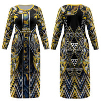 Aotearoa Ngati Raukawa Couples Matching Long Sleeve Bodycon Dress and Long Sleeve Button Shirt Maori Tribal Yellow And Navy Paua Shell Pattern DT05 - Polynesian Pride