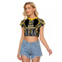 Aotearoa Ngati Raukawa Raglan Cropped T Shirt Maori Tribal Yellow And Navy Paua Shell Pattern DT05 Female Yellow - Polynesian Pride