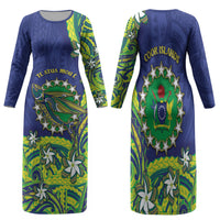 Cook Islands Language Week Family Matching Long Sleeve Bodycon Dress and Hawaiian Shirt Flying Fish 15 Stars Tribal Patterns DT05 Mom's Dress Green - Polynesian Pride