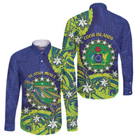 Cook Islands Language Week Family Matching Long Sleeve Bodycon Dress and Hawaiian Shirt Flying Fish 15 Stars Tribal Patterns DT05 Dad's Shirt - Long Sleeve Green - Polynesian Pride