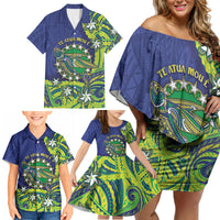 Cook Islands Language Week Family Matching Off Shoulder Short Dress and Hawaiian Shirt Flying Fish 15 Stars Tribal Patterns