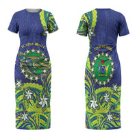 Cook Islands Language Week Family Matching Short Sleeve Bodycon Dress and Hawaiian Shirt Flying Fish 15 Stars Tribal Patterns DT05 Mom's Dress Green - Polynesian Pride