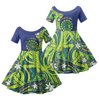 Cook Islands Language Week Family Matching Short Sleeve Bodycon Dress and Hawaiian Shirt Flying Fish 15 Stars Tribal Patterns DT05 Daughter's Dress Green - Polynesian Pride