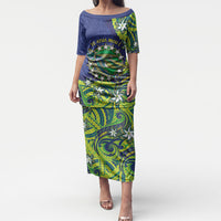 Cook Islands Language Week Puletasi Flying Fish 15 Stars Tribal Patterns DT05 Long Dress Green - Polynesian Pride