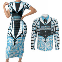 Custom Aotearoa Ngati Kahungunu Couples Matching Short Sleeve Bodycon Dress and Long Sleeve Button Shirt New Zealand Traditional Maori Pattern DT05 Blue - Polynesian Pride