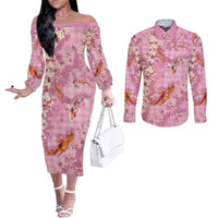 Pink Palaka Hawaiian And Japanese Couples Matching Off The Shoulder Long Sleeve Dress and Long Sleeve Button Shirt Sakura Lei With Koi Fish DT05 Pink - Polynesian Pride