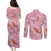 Pink Palaka Hawaiian And Japanese Couples Matching Puletasi and Long Sleeve Button Shirt Sakura Lei With Koi Fish - Polynesian Pride