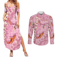 Pink Palaka Hawaiian And Japanese Couples Matching Summer Maxi Dress and Long Sleeve Button Shirt Sakura Lei With Koi Fish - Polynesian Pride