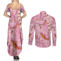 Pink Palaka Hawaiian And Japanese Couples Matching Summer Maxi Dress and Long Sleeve Button Shirt Sakura Lei With Koi Fish - Polynesian Pride