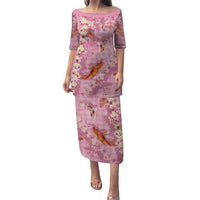 Pink Palaka Hawaiian And Japanese Family Matching Puletasi and Hawaiian Shirt Sakura Lei With Koi Fish DT05 Mom's Dress Pink - Polynesian Pride