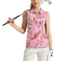 Pink Palaka Hawaiian And Japanese Women Sleeveless Polo Shirt Sakura Lei With Koi Fish - Polynesian Pride