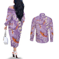 Purple Palaka Hawaiian And Japanese Couples Matching Off The Shoulder Long Sleeve Dress and Long Sleeve Button Shirt Sakura Lei With Koi Fish DT05 - Polynesian Pride
