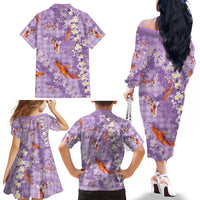 Purple Palaka Hawaiian And Japanese Family Matching Off The Shoulder Long Sleeve Dress and Hawaiian Shirt Sakura Lei With Koi Fish DT05 - Polynesian Pride