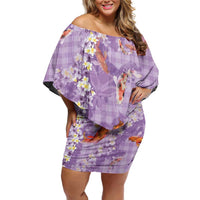 Purple Palaka Hawaiian And Japanese Family Matching Off Shoulder Short Dress and Hawaiian Shirt Sakura Lei With Koi Fish DT05 Mom's Dress Purple - Polynesian Pride