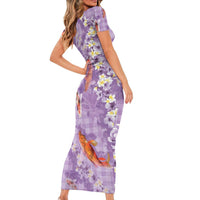 Purple Palaka Hawaiian And Japanese Family Matching Short Sleeve Bodycon Dress and Hawaiian Shirt Sakura Lei With Koi Fish DT05 - Polynesian Pride
