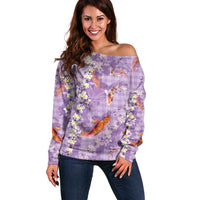 Purple Palaka Hawaiian And Japanese Off Shoulder Sweater Sakura Lei With Koi Fish DT05 Women Purple - Polynesian Pride