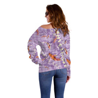 Purple Palaka Hawaiian And Japanese Off Shoulder Sweater Sakura Lei With Koi Fish DT05 - Polynesian Pride