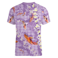 Purple Palaka Hawaiian And Japanese Women V-Neck T-Shirt Sakura Lei With Koi Fish - Polynesian Pride