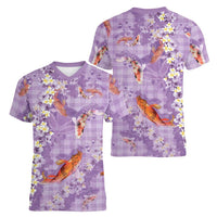 Purple Palaka Hawaiian And Japanese Women V-Neck T-Shirt Sakura Lei With Koi Fish - Polynesian Pride