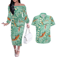 Green Palaka Hawaiian And Japanese Couples Matching Off The Shoulder Long Sleeve Dress and Hawaiian Shirt Sakura Lei With Koi Fish DT05 Green - Polynesian Pride