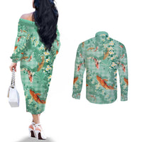 Green Palaka Hawaiian And Japanese Couples Matching Off The Shoulder Long Sleeve Dress and Long Sleeve Button Shirt Sakura Lei With Koi Fish DT05 - Polynesian Pride