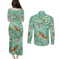 Green Palaka Hawaiian And Japanese Couples Matching Puletasi and Long Sleeve Button Shirt Sakura Lei With Koi Fish - Polynesian Pride
